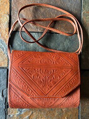 Vintage Moroccan Magic brown hand tooled leather crossbody purse